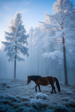 Horse in the misty winter forest. Foggy morning.の素材