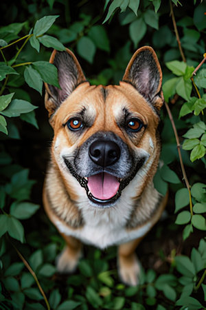 Portrait of a dog on a background of green leaves in the parkの素材