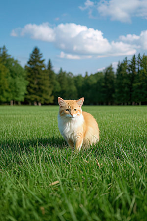 Cute ginger cat on the green grass in the summer park.の素材
