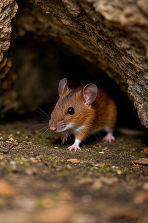 Brown mouse in a burrow on the ground in the forest.の素材