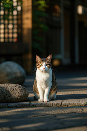 Beautiful cat sitting on the street and looking into the camera.の素材
