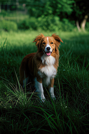 Red Border Collie dog standing in the green grass in the gardenの素材