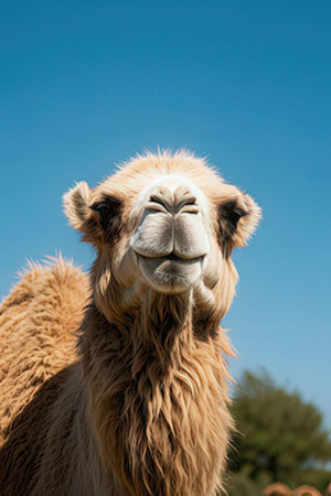 Portrait of a camel on a background of the blue sky.の素材