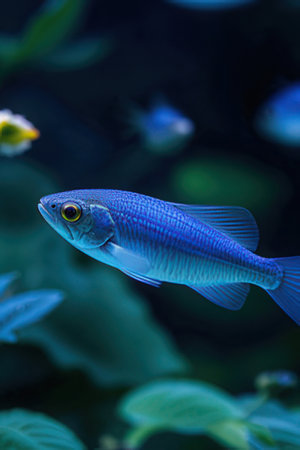 Close up of a blue tetra fish in a marine aquarium.の素材