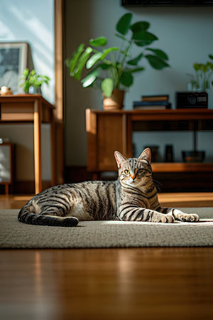 Cute cat relaxing on the floor in the living room at homeの素材