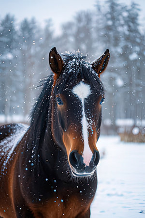 Beautiful horse portrait in snowfall. Portrait of a horse in winterの素材