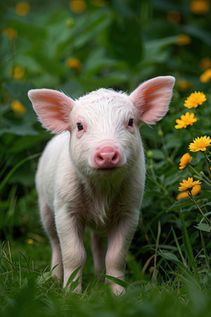Small white baby pig standing in the grass and looking at the cameraの素材
