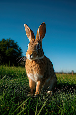 Rabbit sitting on a green meadow with blue sky in the backgroundの素材