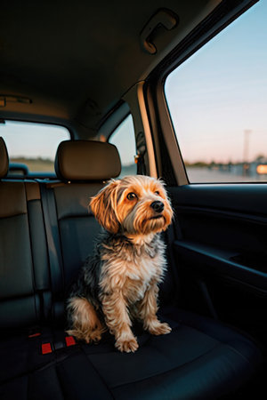 Yorkshire Terrier sitting in the back seat of a car.の素材