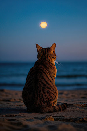 A cat sitting on the beach and looking at the moon.の素材