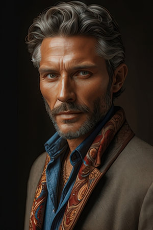 Portrait of a handsome man with gray hair and brown eyes.の素材