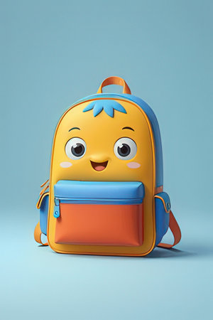 Cartoon school backpack on blue background. Back to school concept. 3d renderingの素材