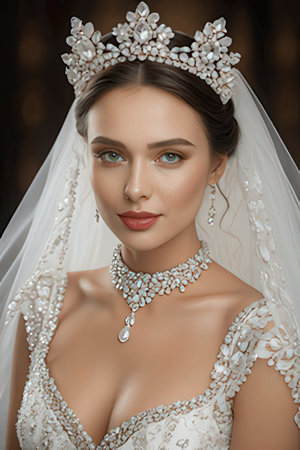 Portrait of a beautiful young bride in a white wedding dress with a crown on her headの素材