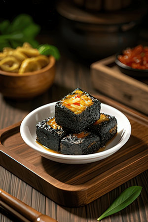 sushi on a wooden table, japanese food, close upの素材