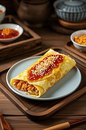 Pancakes with meat and rice on a wooden background. Selective focusの素材
