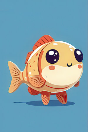 Illustration of a Cute Fish Cartoon Character on a Blue Backgroundの素材