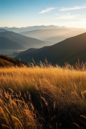 Sunset in the mountains. Beautiful landscape with grass and mountains.の素材