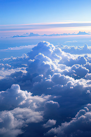 Clouds and sky as seen through window of an aircraft flying above the earthの素材