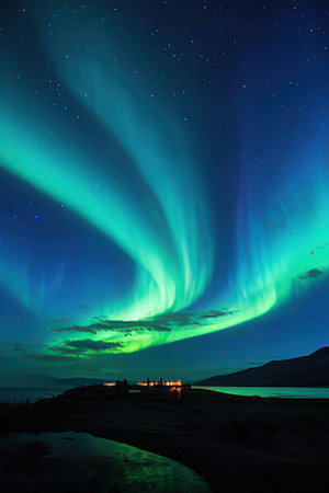Aurora borealis, northern light over lake Baikalの素材