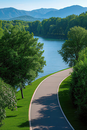 Beautiful view of the lake and the road in the park.の素材