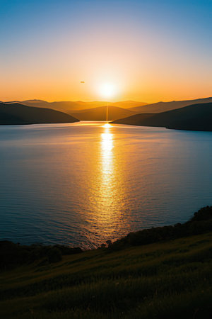 Sunset over the sea in Montenegro. View of the bay.の素材