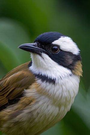 closeup of a black-crowned bulbul in natureの素材