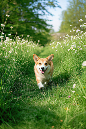 Happy Welsh Corgi Pembroke dog running in the grassの素材