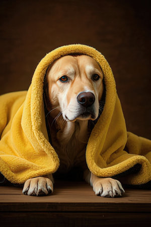 Dog in a yellow blanket with a hood on a wooden background.の素材