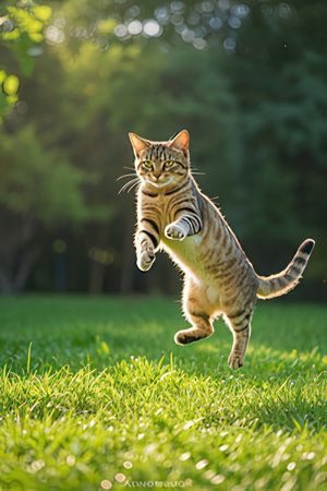 Playful bengal cat running and jumping on green grass.の素材