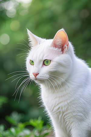 Beautiful white cat with green eyes on green nature background, selective focusの素材