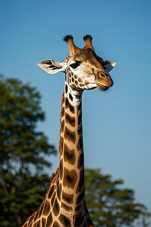 Giraffe head and neck closeup with blue sky in backgroundの素材