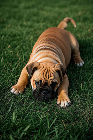 bullmastiff puppy lying on green grass looking at the camera.の素材