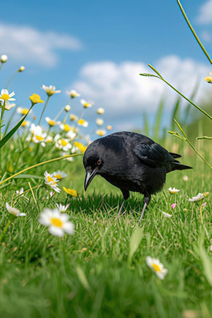 Jackdaw in the grass with daisies and blue skyの素材