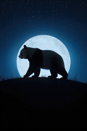Silhouette of a giant panda in front of the full moonの素材