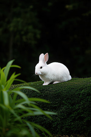 White rabbit sitting on the grass in the garden with green background.の素材