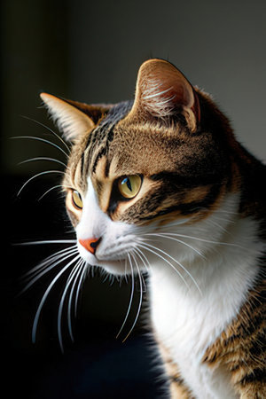 Portrait of a cat on a dark background, close-upの素材