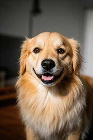 Portrait of a beautiful golden retriever dog in the room.の素材