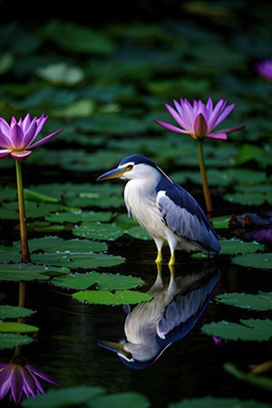 Black-crowned night heron and pink lotus flowerの素材