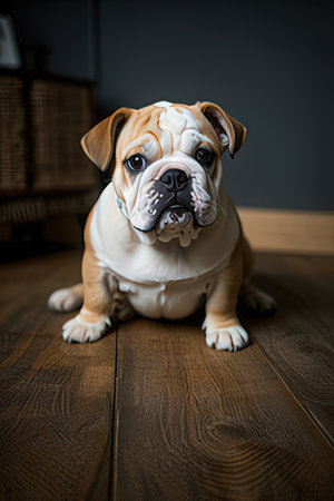 Cute English Bulldog sitting on a wooden floor in the roomの素材