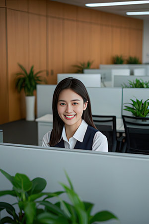 Portrait of smiling asian businesswoman sitting at desk in officeのeditorial素材