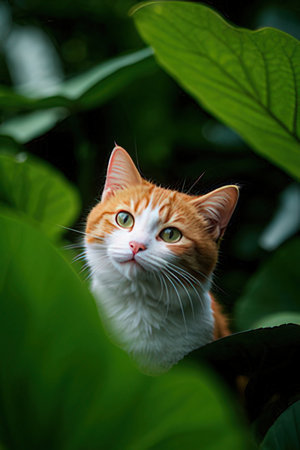 Red cat on a background of green leaves. Cute cat portraitの素材