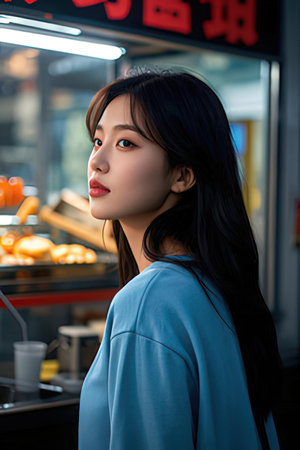 Portrait of a beautiful asian woman with long black hair standing in a restaurantのeditorial素材