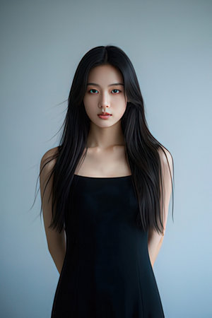 Beautiful asian woman with long black hair looking at camera.のeditorial素材