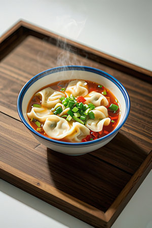 Chinese dumplings in a bowl on a wooden table with hot steamの素材
