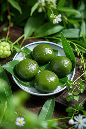 Fresh green olives on wooden background. Selective focus.の素材