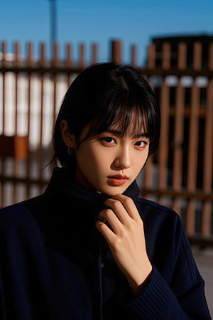 Portrait of a young beautiful asian woman in blue coat.の素材