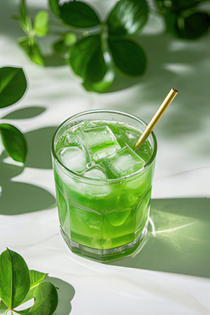 Iced green tea with mint leaves and ice cubes on white backgroundの素材