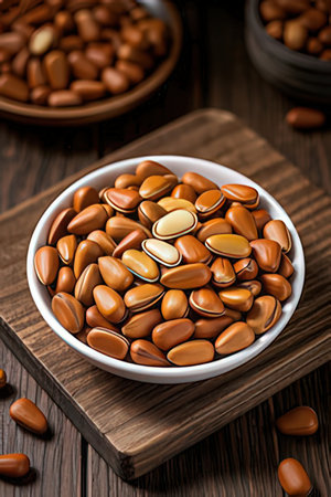 Bowl with almond nuts on a wooden background. Top view.の素材