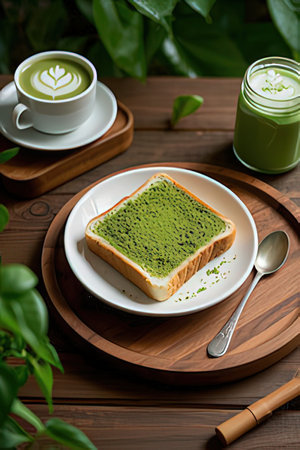 Green tea matcha latte and bread on wooden table, stock photoの素材