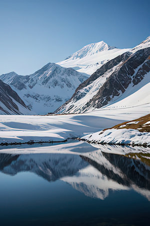 Mountain landscape with lake and blue sky. Caucasus, Russia.の素材